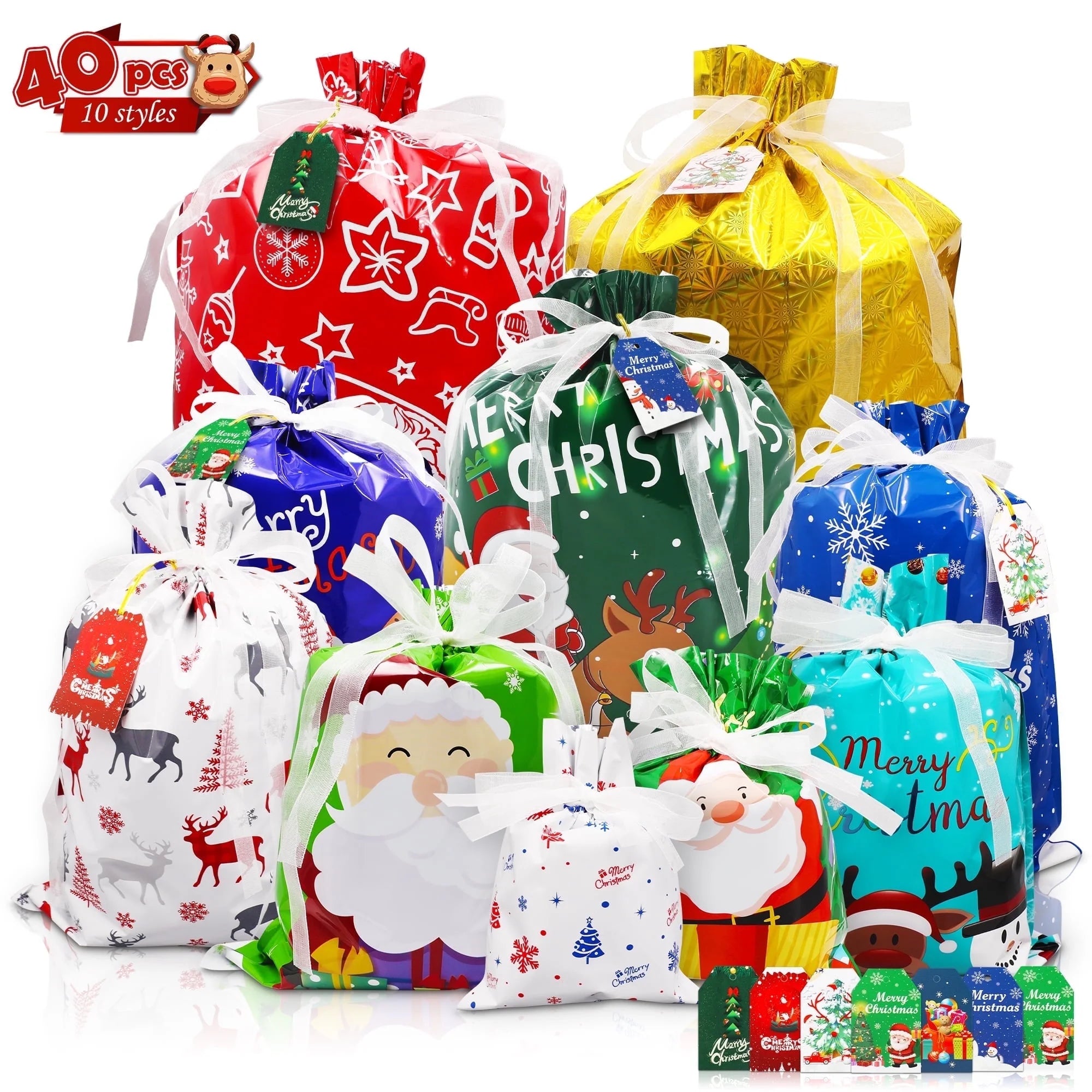 40 Pcs Christmas Gift Bags Xmas Drawstring Bags with Tags, Christmas Foil Gift Wrapping Sacks Pouches for Xmas Holiday Presents Party Favor