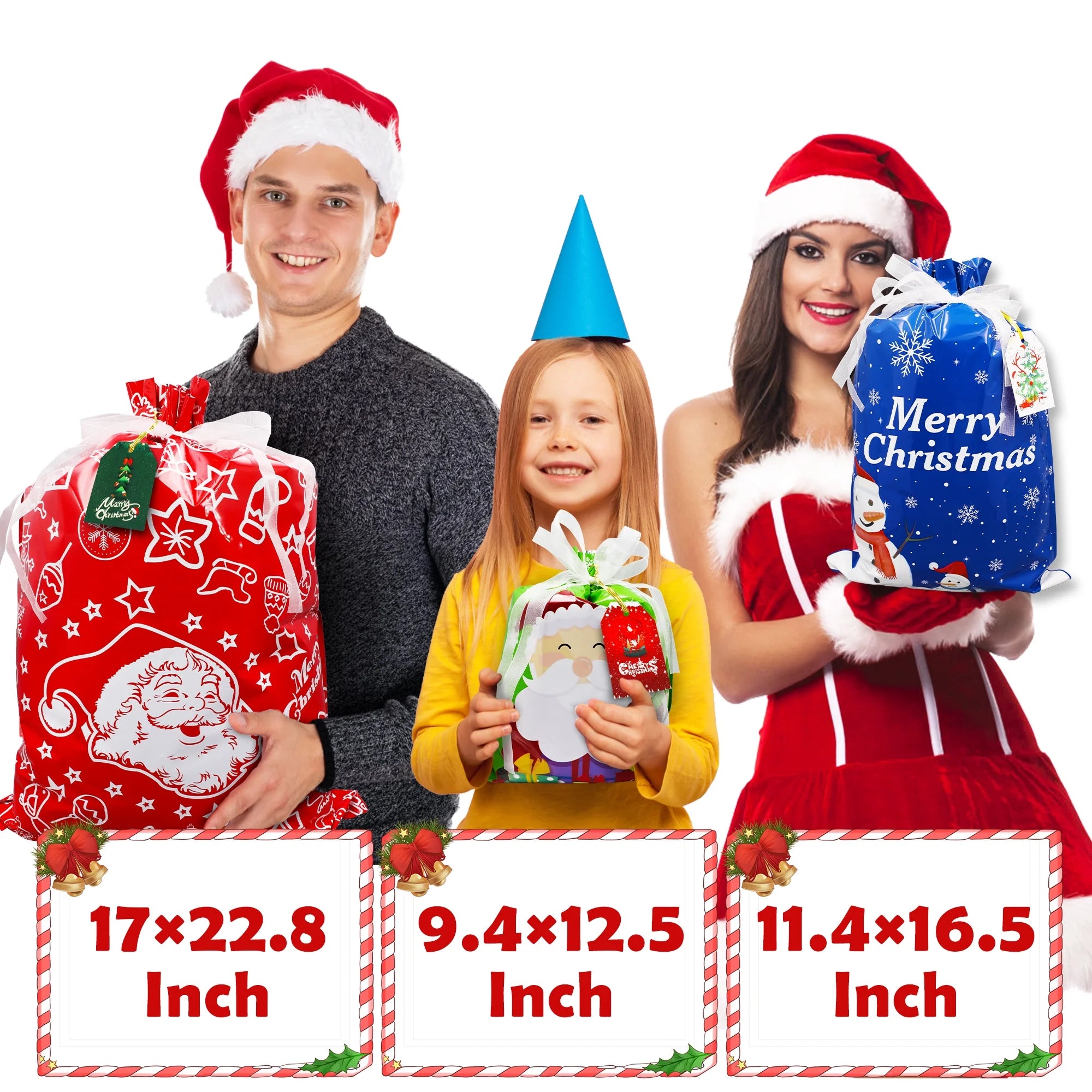 40 Pcs Christmas Gift Bags Xmas Drawstring Bags with Tags, Christmas Foil Gift Wrapping Sacks Pouches for Xmas Holiday Presents Party Favor