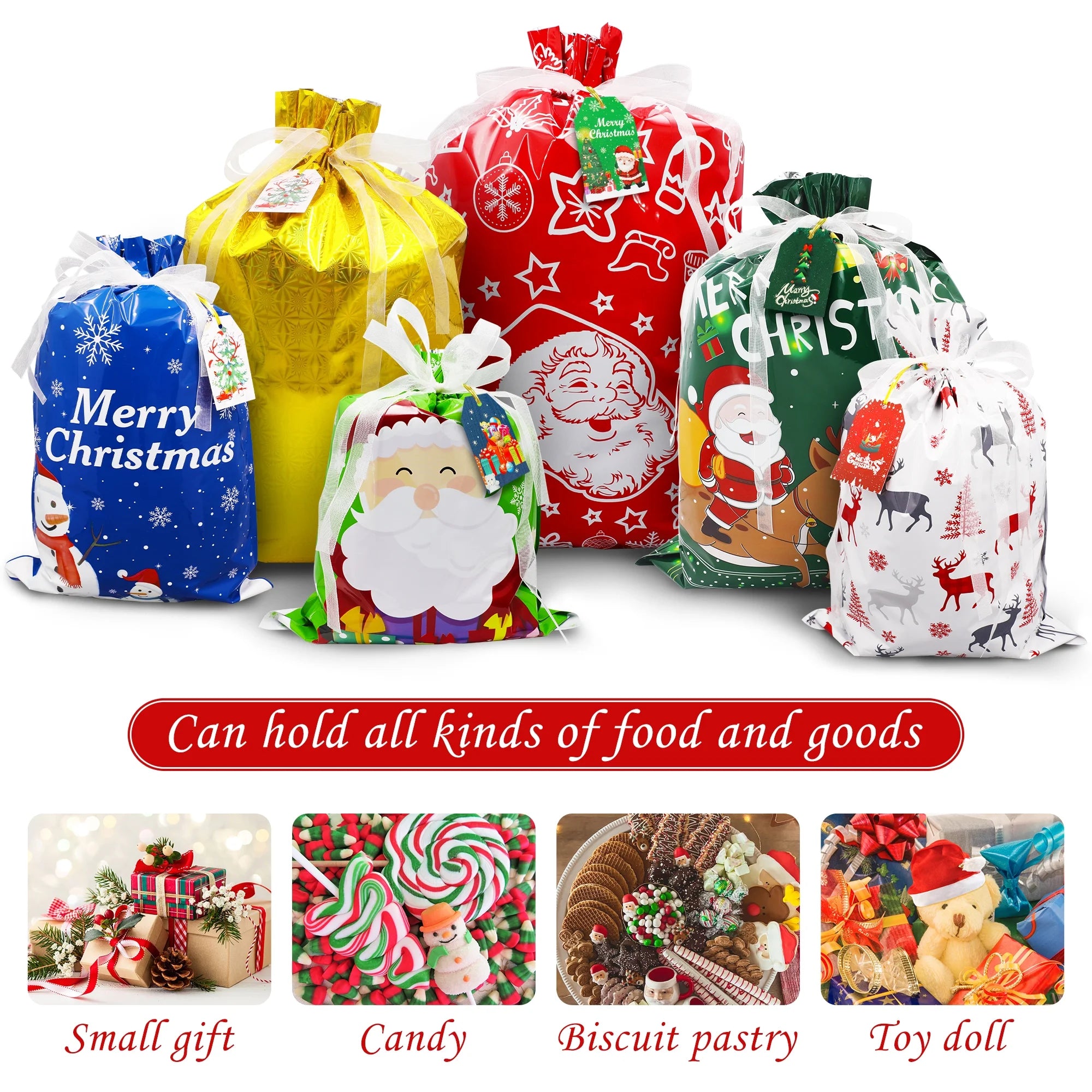 40 Pcs Christmas Gift Bags Xmas Drawstring Bags with Tags, Christmas Foil Gift Wrapping Sacks Pouches for Xmas Holiday Presents Party Favor