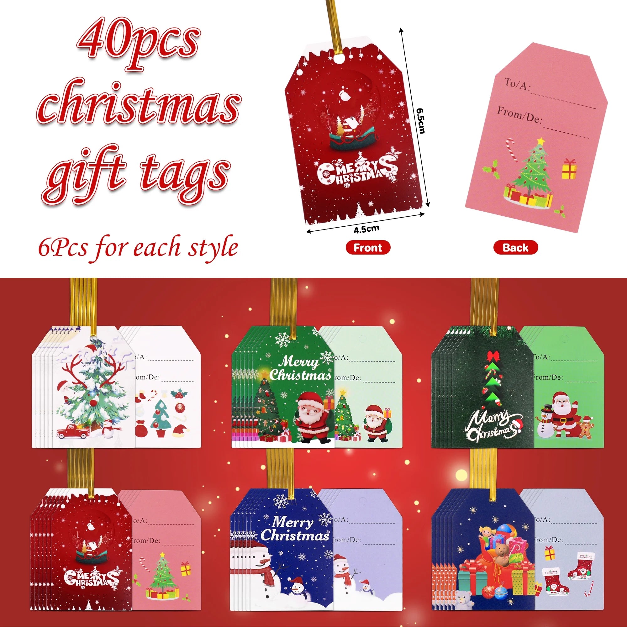 40 Pcs Christmas Gift Bags Xmas Drawstring Bags with Tags, Christmas Foil Gift Wrapping Sacks Pouches for Xmas Holiday Presents Party Favor