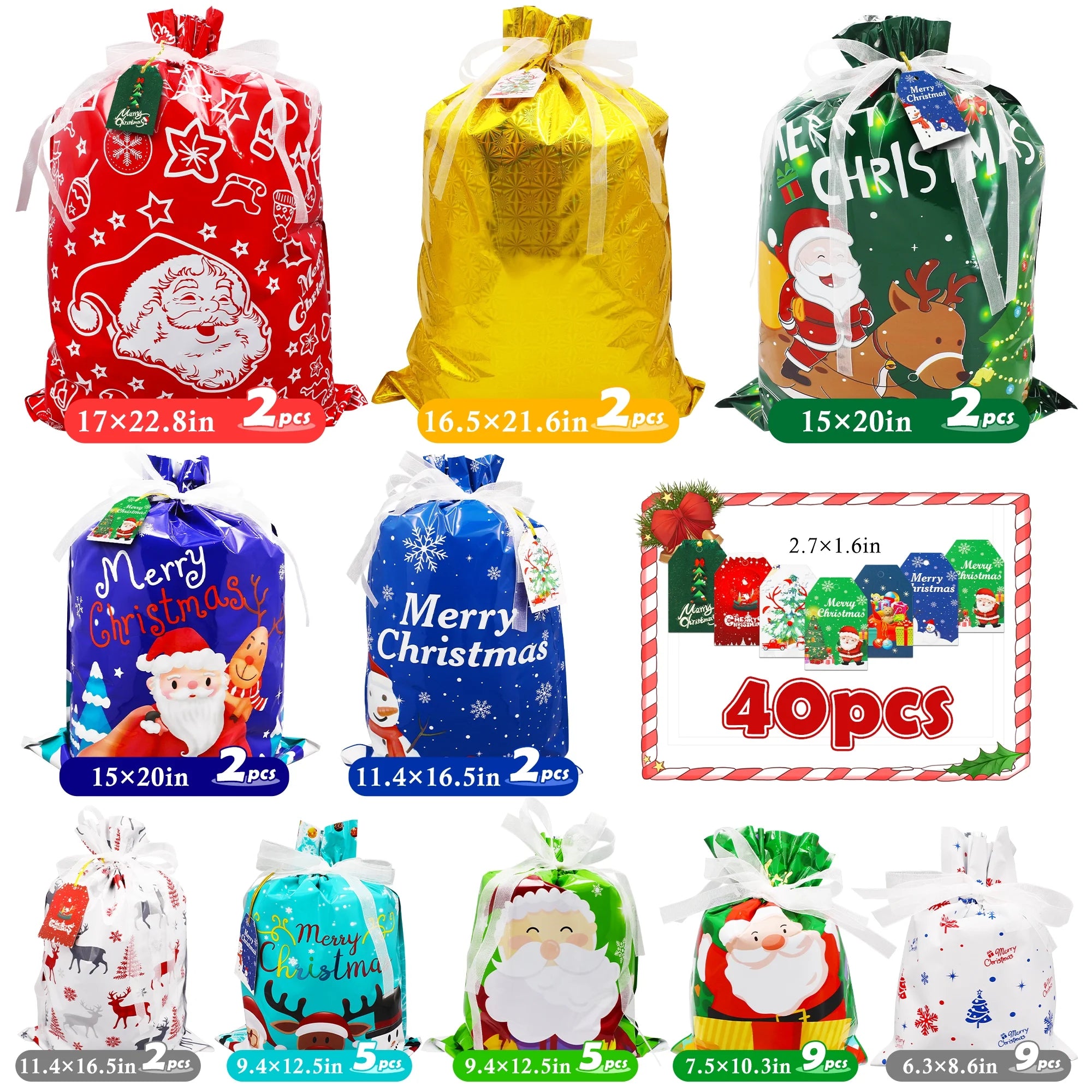 40 Pcs Christmas Gift Bags Xmas Drawstring Bags with Tags, Christmas Foil Gift Wrapping Sacks Pouches for Xmas Holiday Presents Party Favor