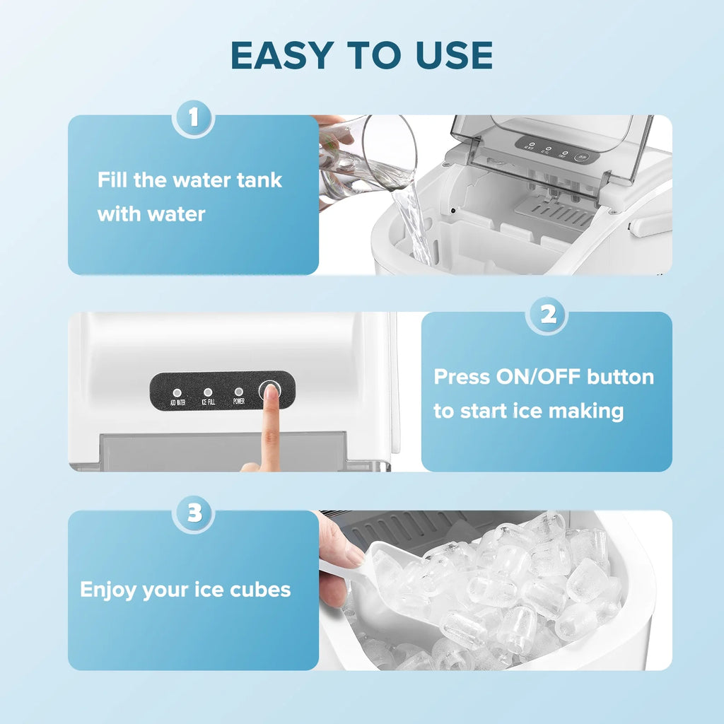 Countertop Ice Maker Machine 26Lbs/24H, 6 Mins/9 Bullets of Ice, Self-Cleaning, White